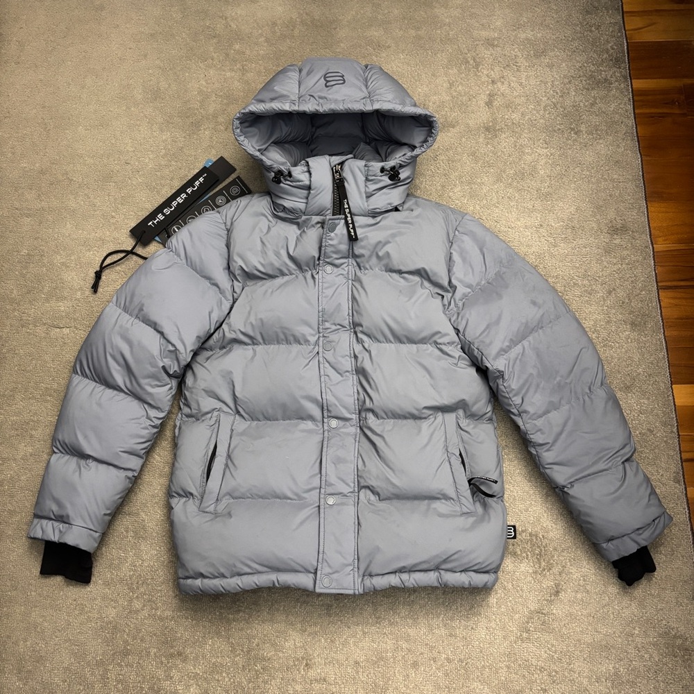 Aritzia Super Puff Climatte 800 Down Fill Puffer Jacket Blue Grey
